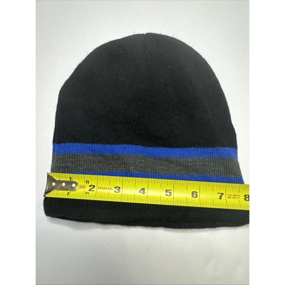 Boys Black Blue Grey Striped Fleece‎ Lined Knit Beanie Hat One Size
